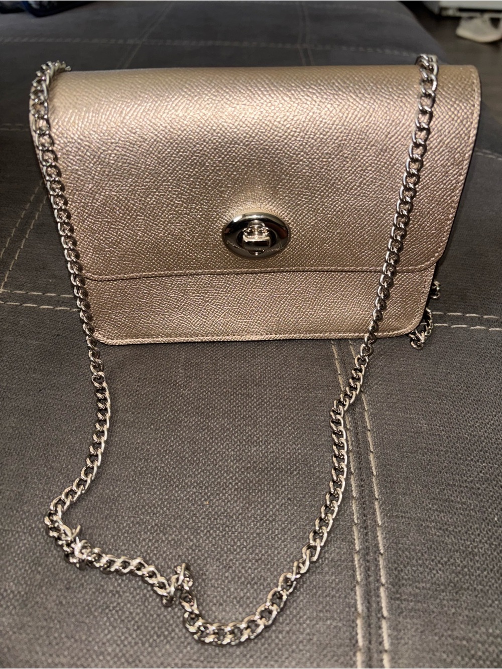 Coach Metallic Silver-Taupe Mini Crossbody with Chain Strap